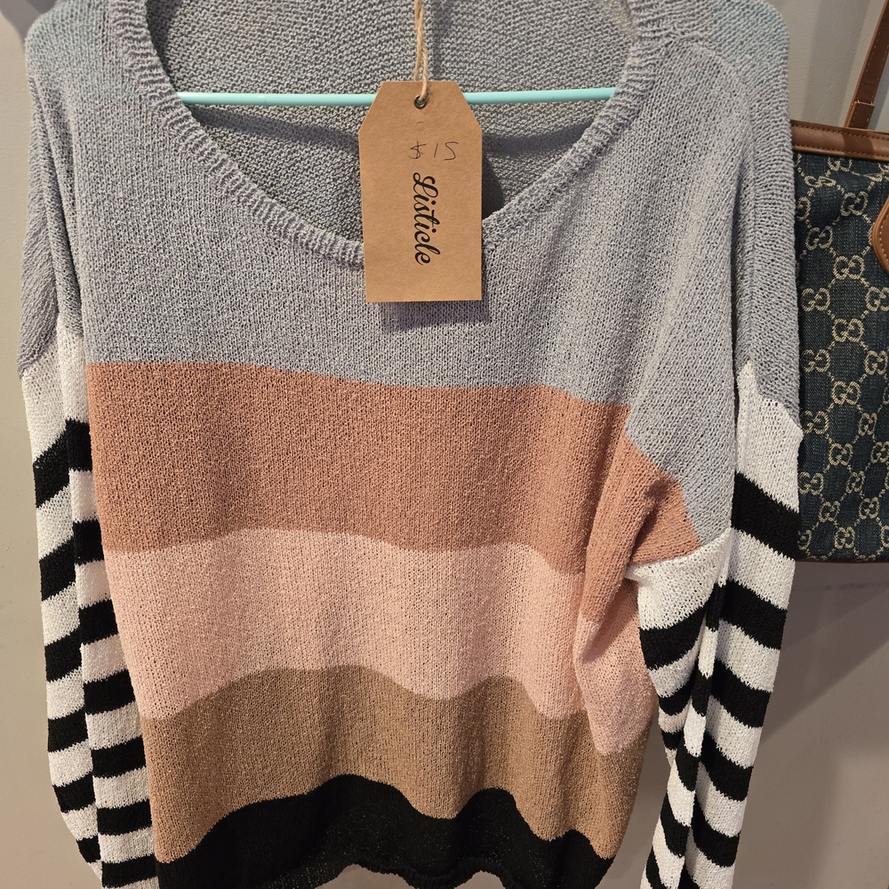 Listicle Striped Colorblock Crewneck Sweater in Blue, Pink, Tan, Black